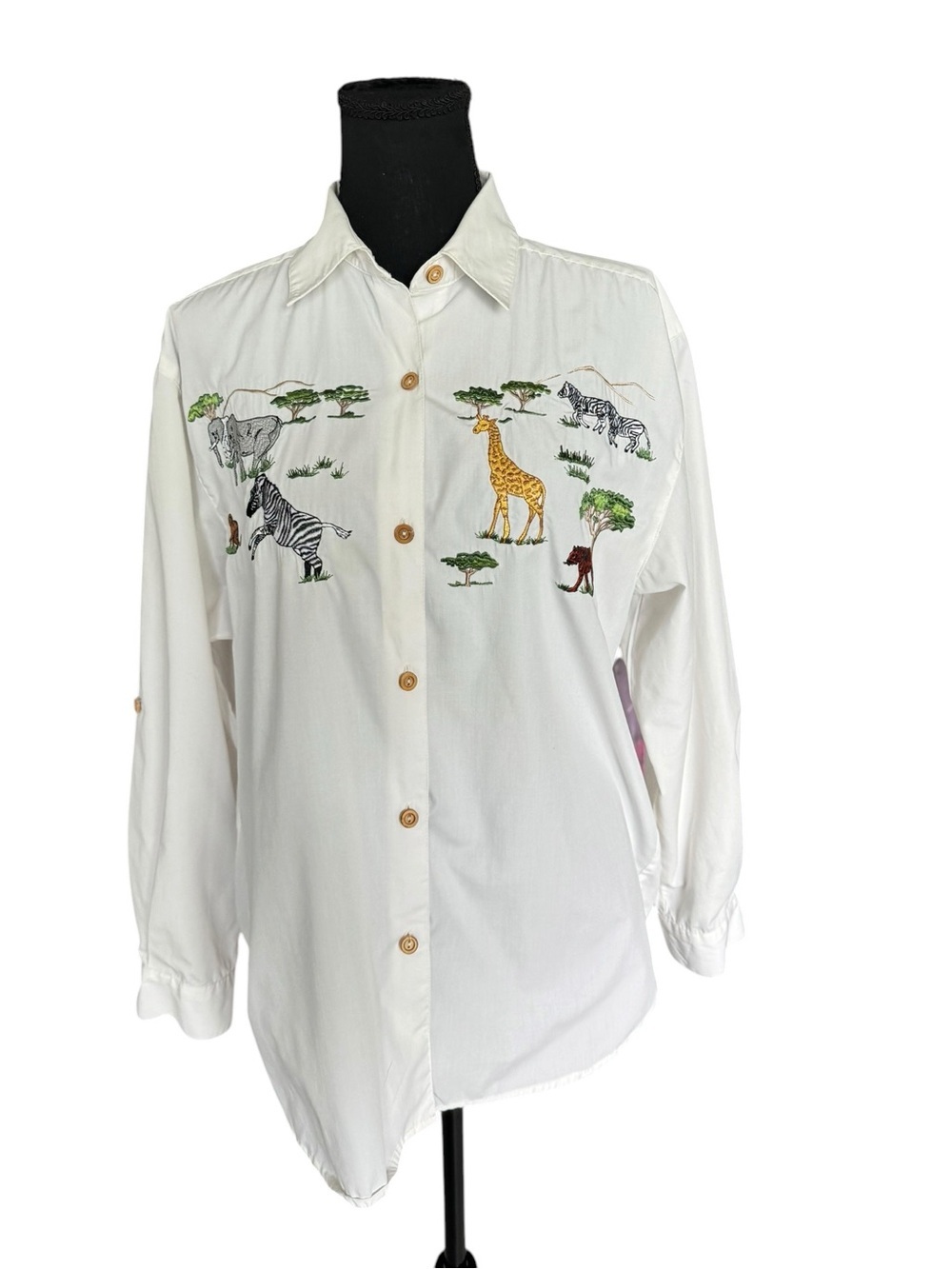 Alfred Dunner Safari Animal Embroidered Button Up Shirt Size 12 Zebra Giraffe E9